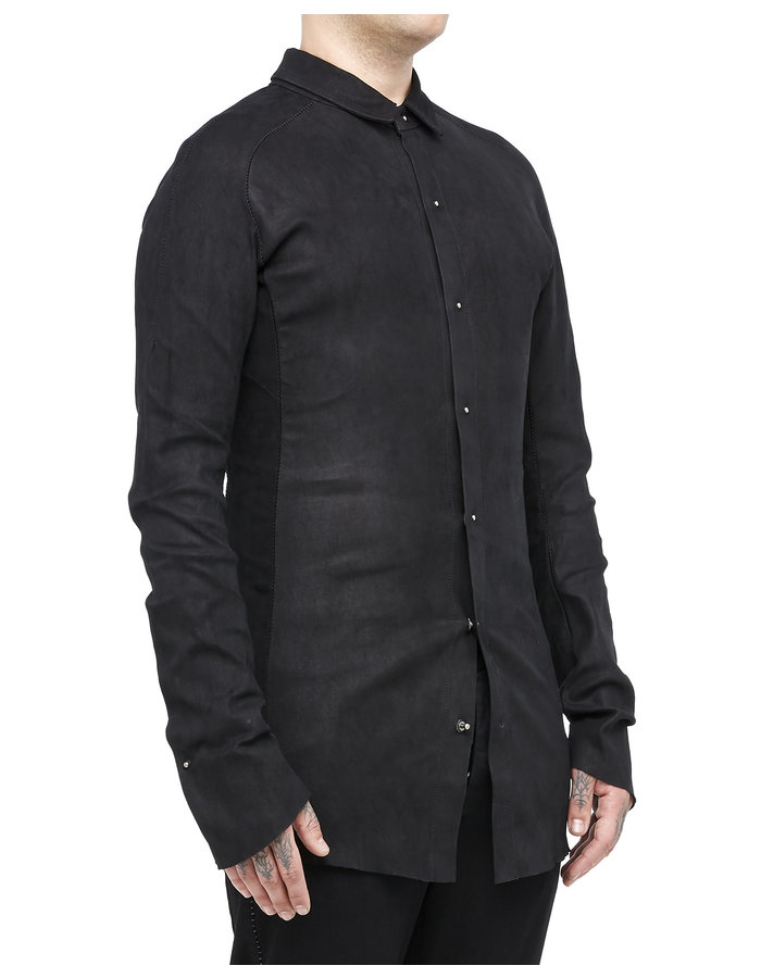 ISAAC SELLAM EXPERIENCE INDISCRET STRETCH LEATHER COLLARED SHIRT - MATTE BLACK