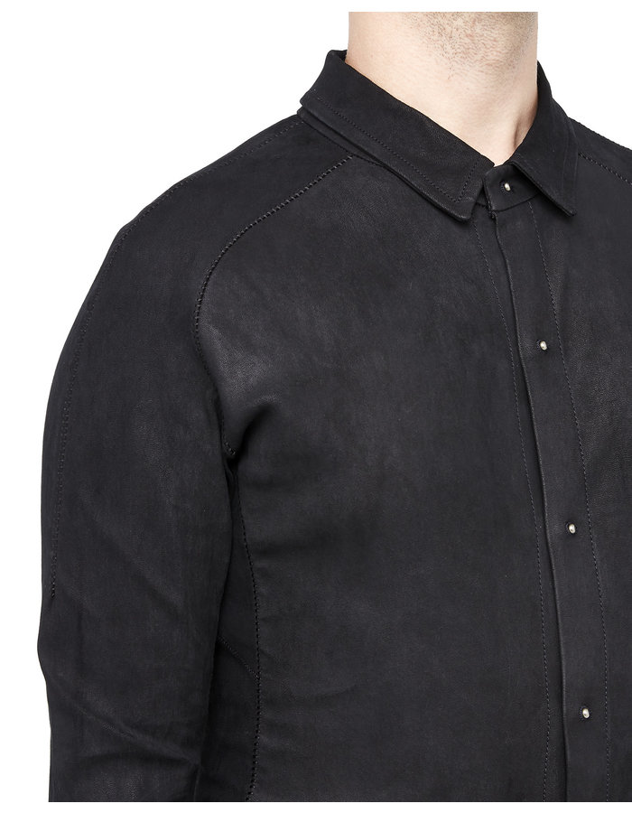 ISAAC SELLAM EXPERIENCE INDISCRET STRETCH LEATHER COLLARED SHIRT - MATTE BLACK