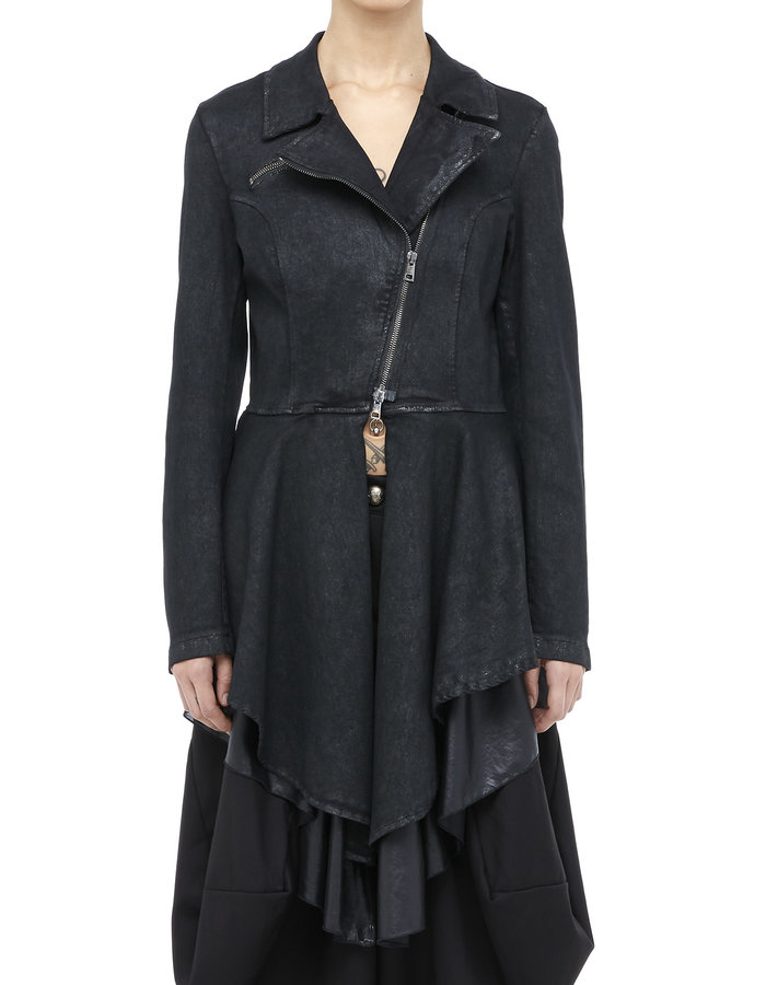 LA HAINE INSIDE US LAMINATED ASYMMETRIC SKIRTED BIKER JACKET