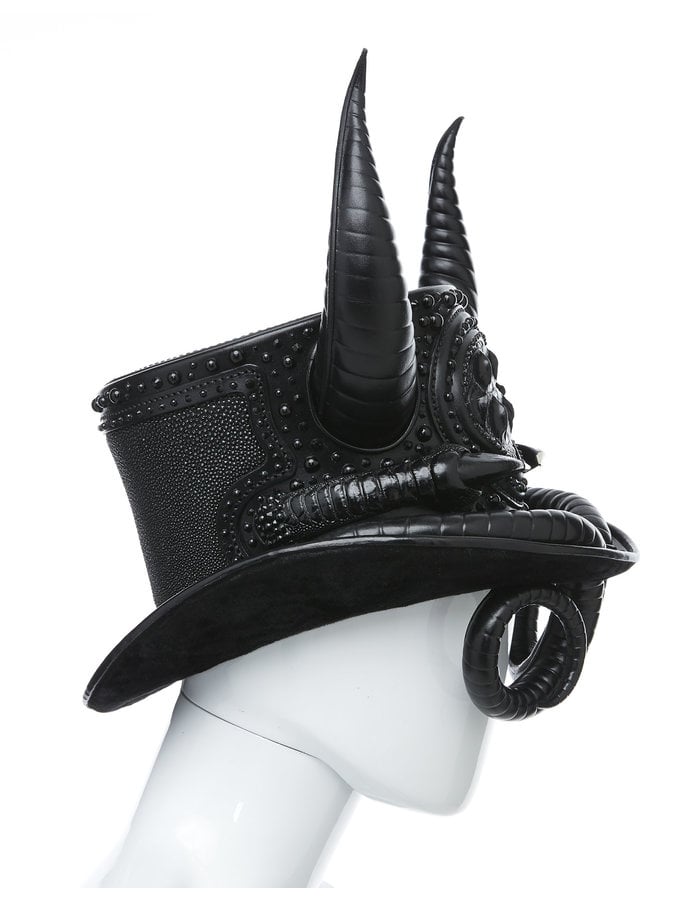 CECILIO LEATHER DESIGNS CURVED HORN COUTURE TOP HAT WITH CRYSTAL