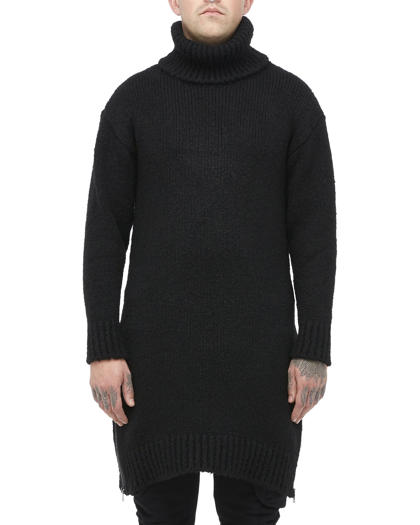 OVERSIZE HIGH NECK LONG KNIT SWEATER - BLACK