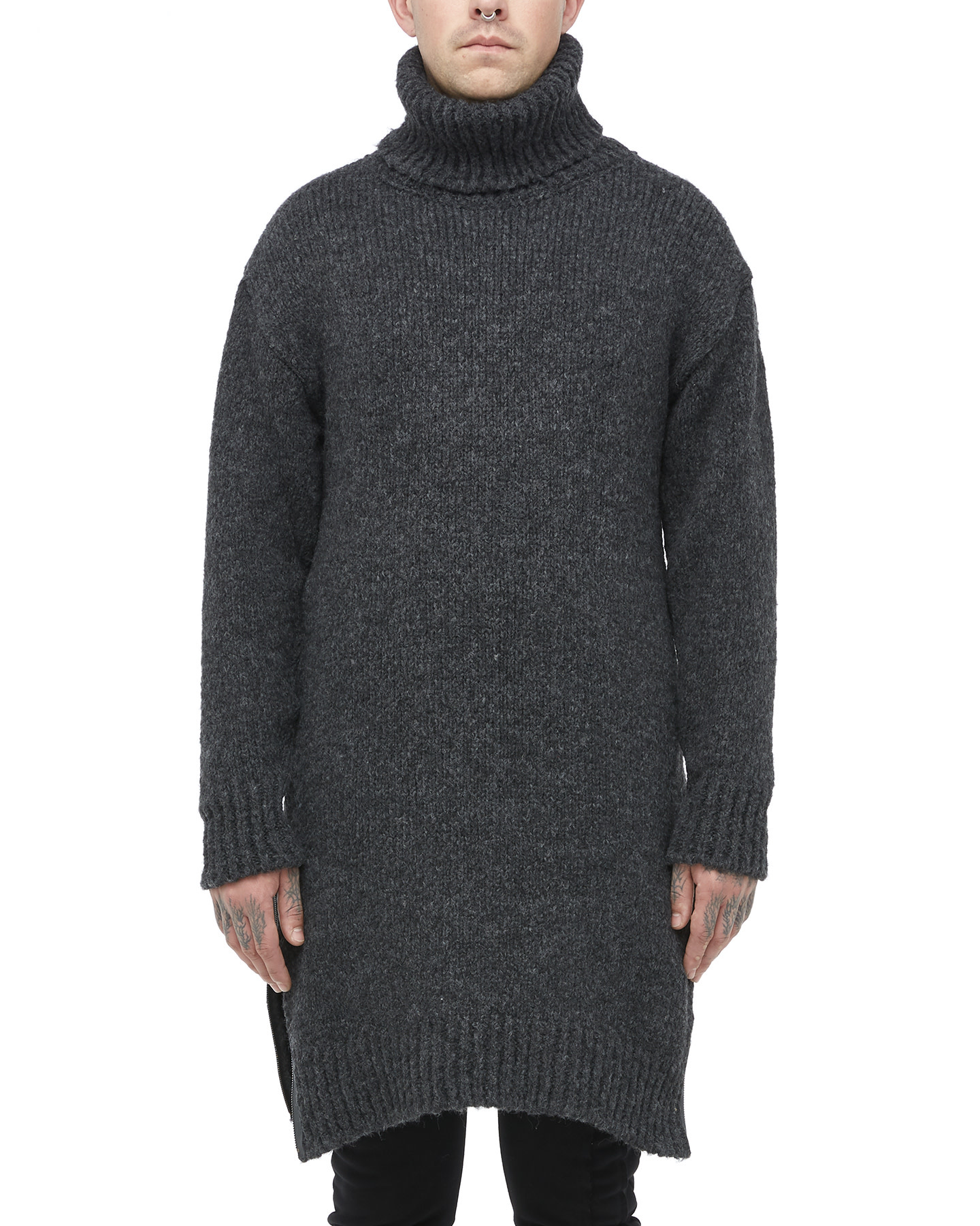 OVERSIZE HIGH NECK LONG KNIT SWEATER - GREY