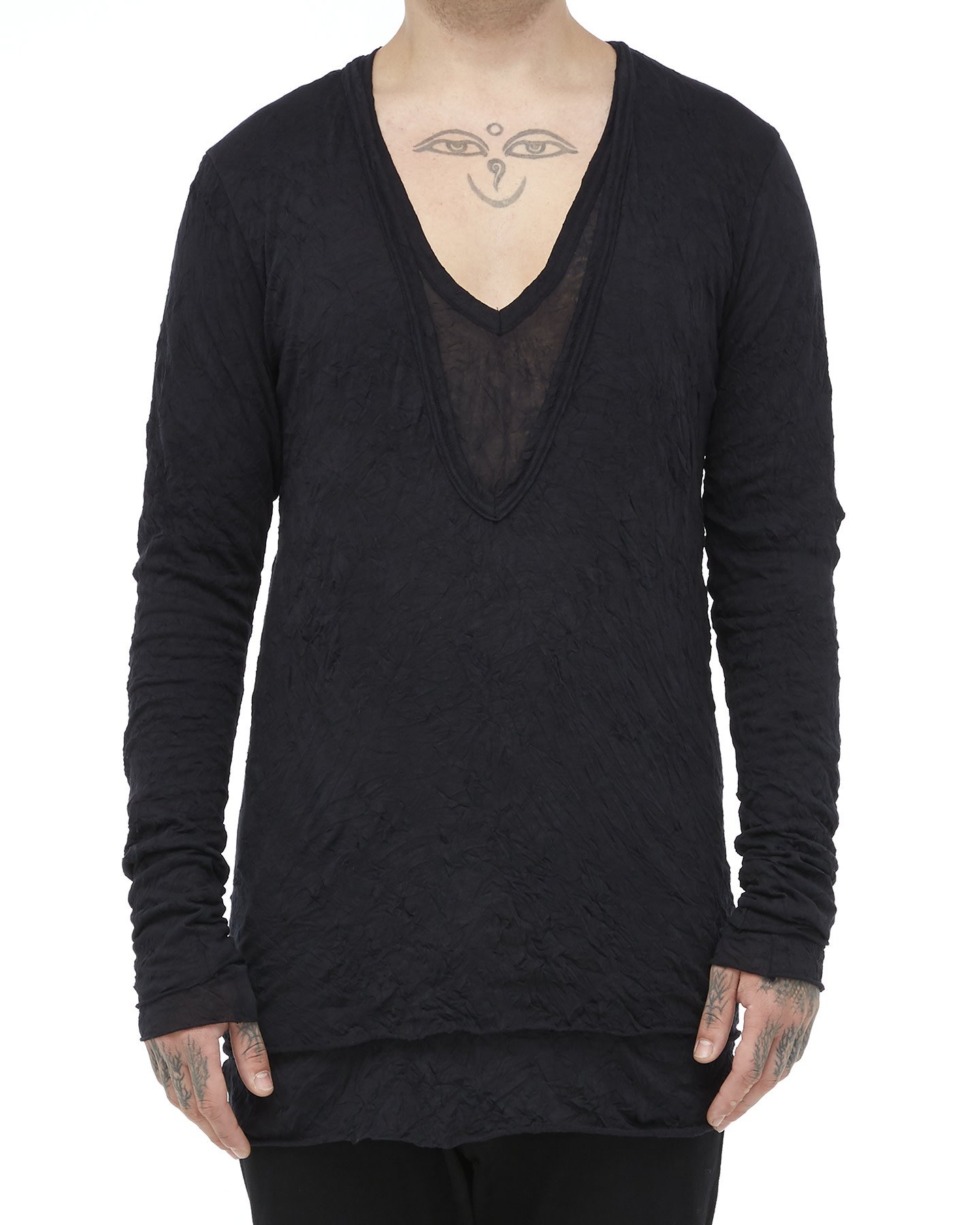 GAUZE WASHER LAYERED V-NECK LONGSLEEVE - BLACK