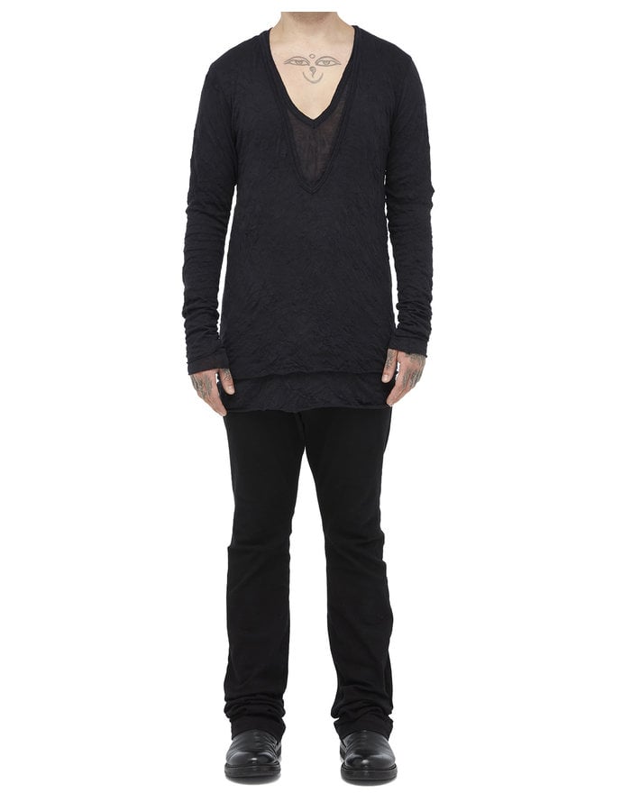 A.F. ARTEFACT GAUZE WASHER LAYERED V-NECK LONGSLEEVE - BLACK