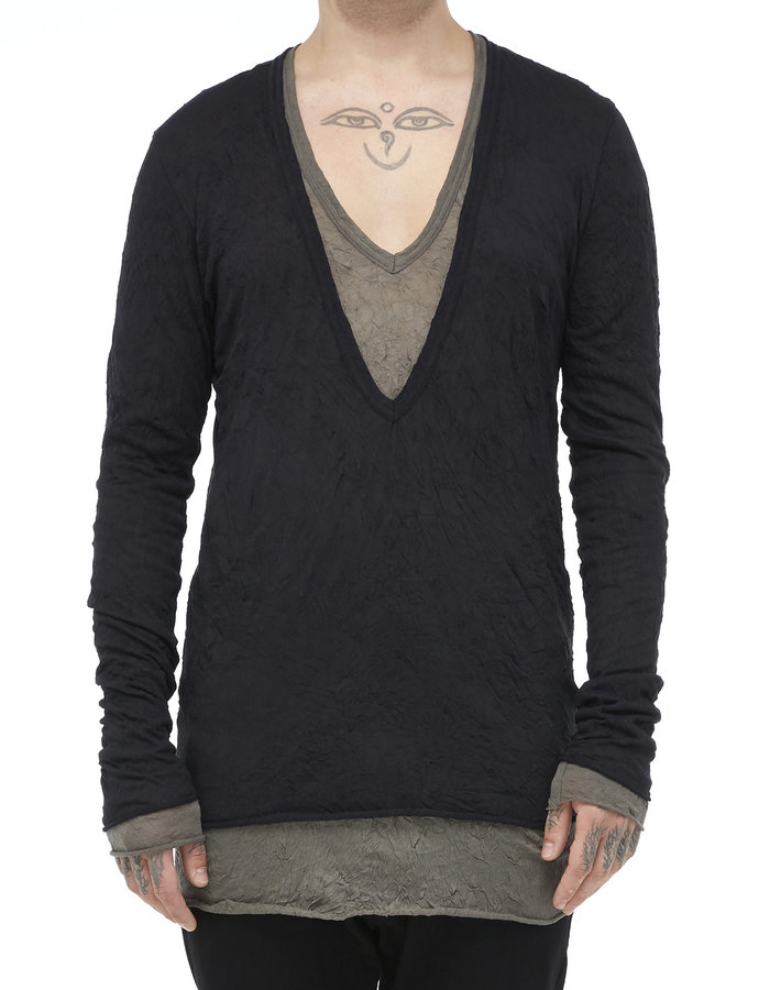 A.F. ARTEFACT GAUZE WASHER LAYERED V-NECK LONGSLEEVE - BLACK/GREY