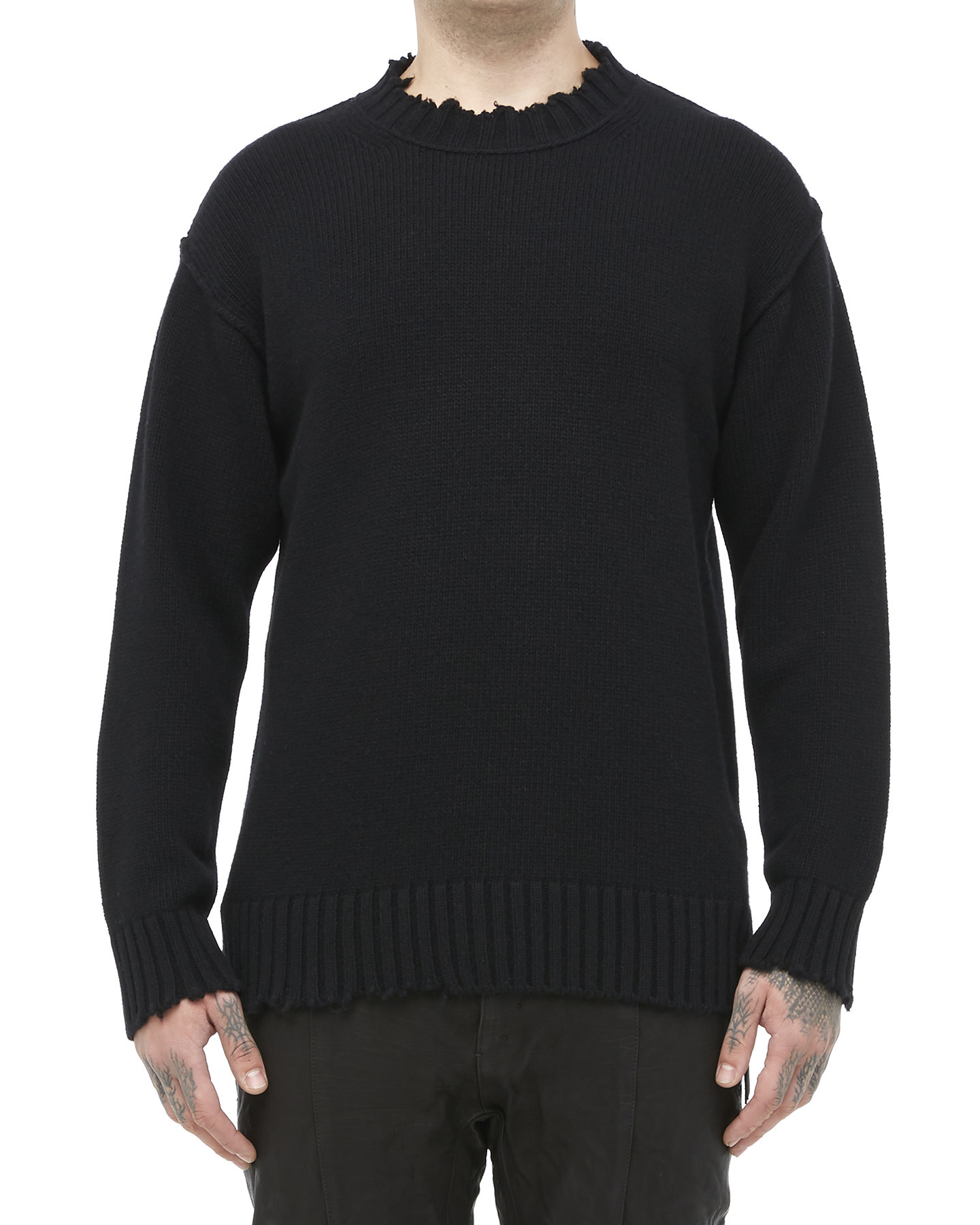 ECO CASHMERE KNIT DISTRESSED CREW NECK - BLACK