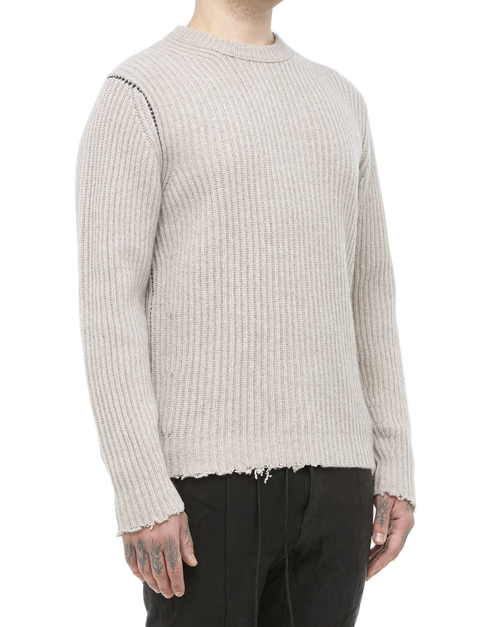 ISABEL BENENATO ECO CASHMERE RIBBED CONTRAST STITCH CREW - POMICE