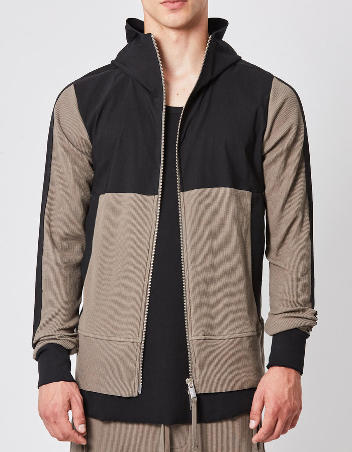THOM KROM VISCOSE & LINEN WAFFLE KNIT ZIP FRONT HOODY - FOSSIL