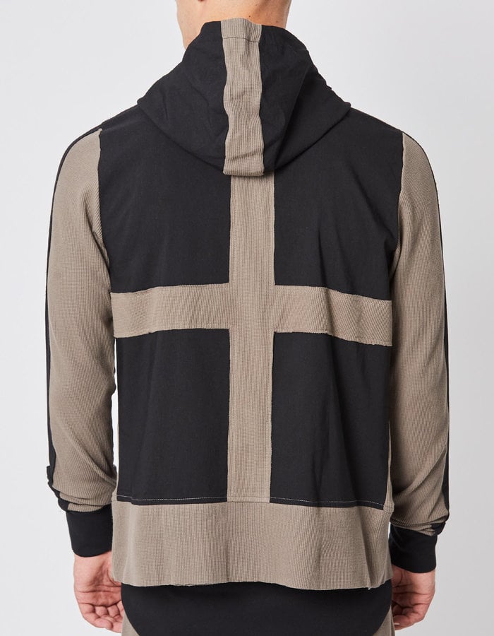 THOM KROM VISCOSE & LINEN WAFFLE KNIT ZIP FRONT HOODY - FOSSIL