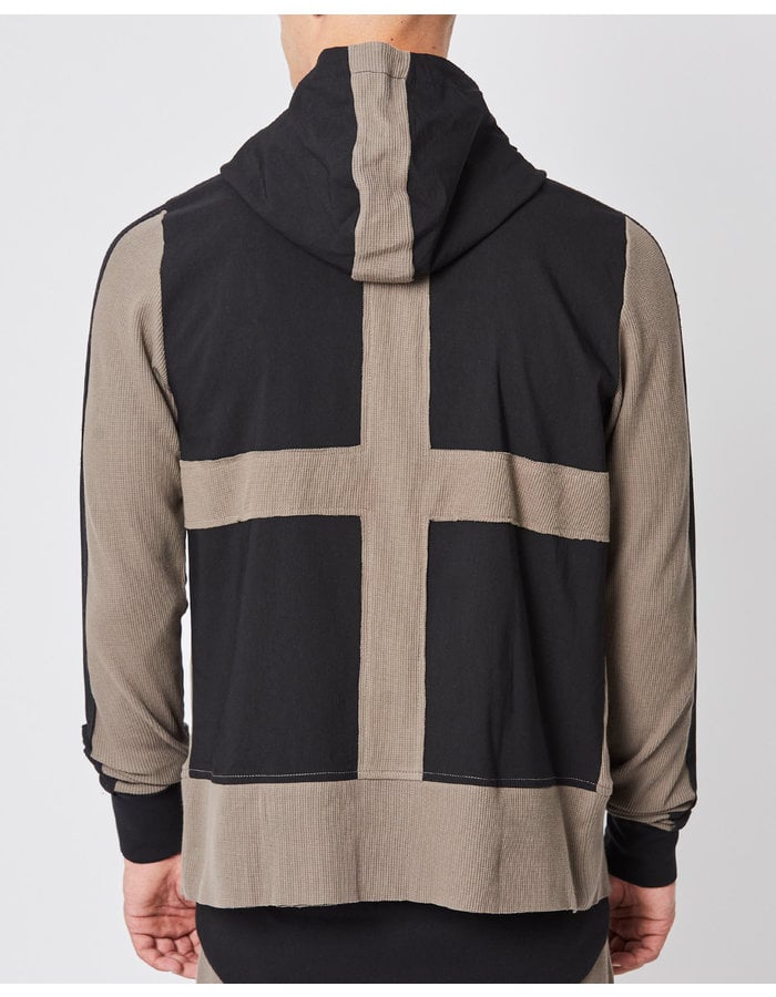 THOM KROM VISCOSE & LINEN WAFFLE KNIT ZIP FRONT HOODY - FOSSIL