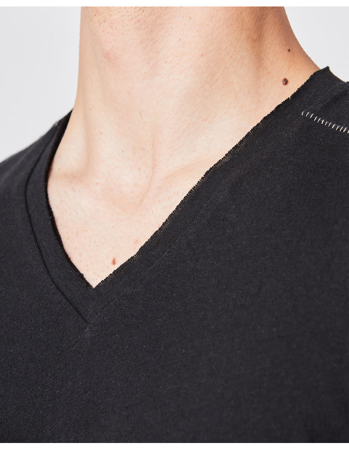 THOM KROM LINEN & COTTON FITTED V-NECK T-SHIRT - BLACK