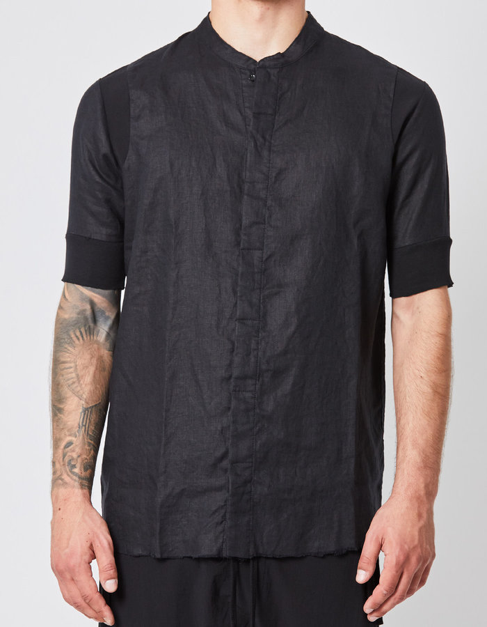 THOM KROM CUFFED LINEN SHORT SLEEVE MANDARIN SHIRT - BLACK