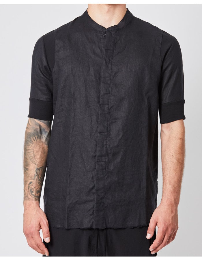 THOM KROM CUFFED LINEN SHORT SLEEVE MANDARIN SHIRT - BLACK