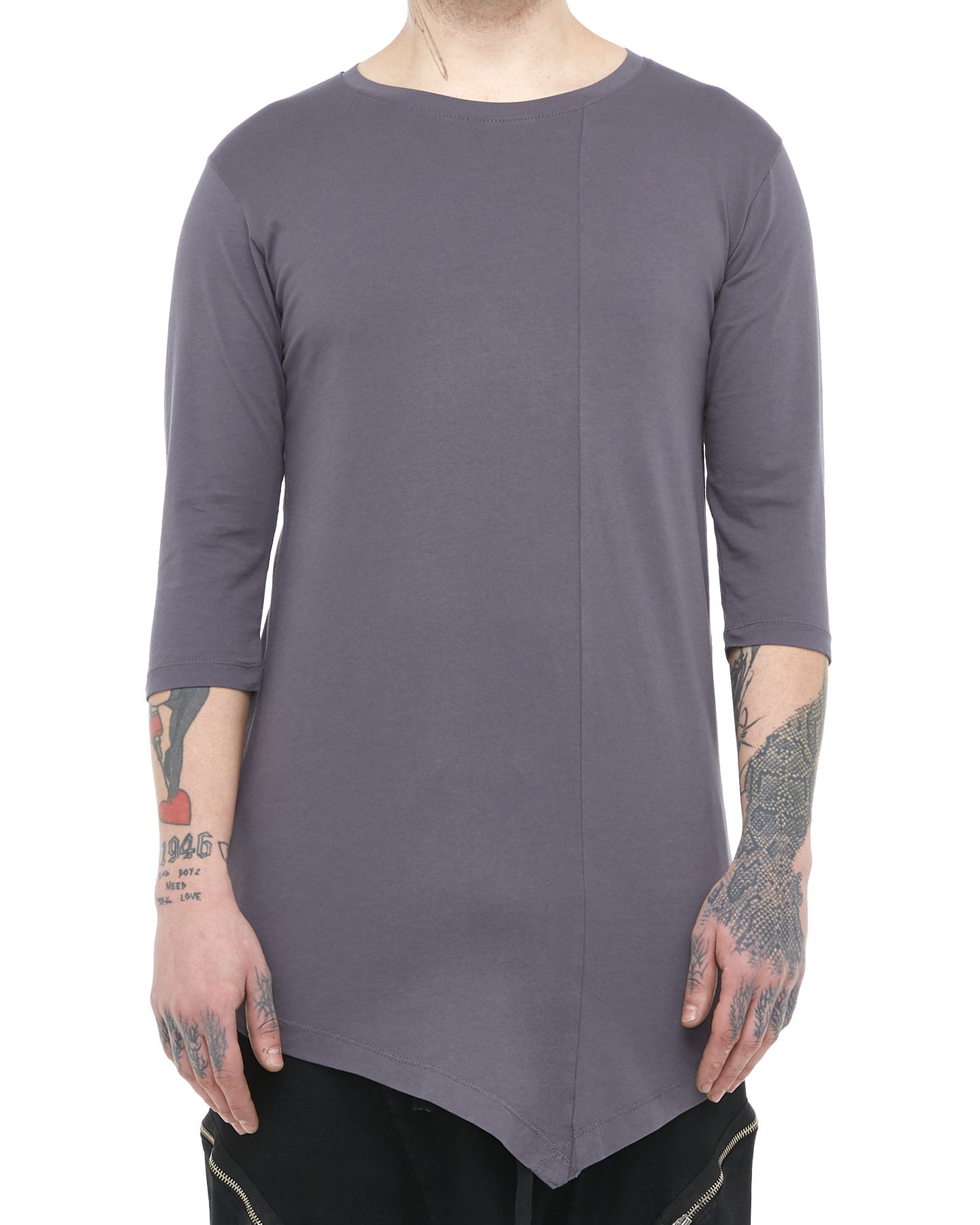 FITTED ASYMMETRIC 3/4 SLEEVE COTTON T-SHIRT - GREY
