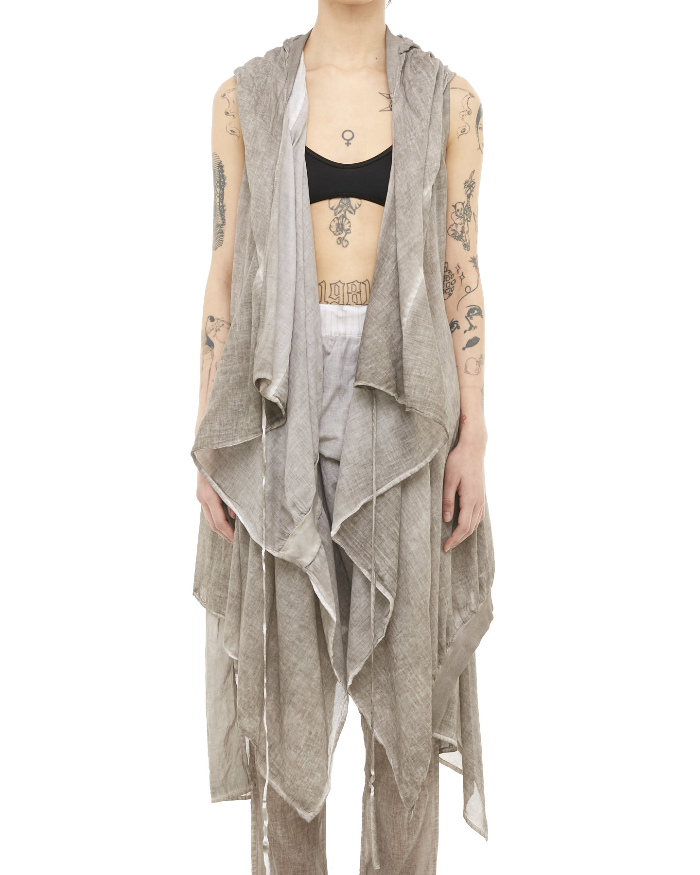 RIB DETAIL COTTON GAUZE HOODED VEST - SLATE