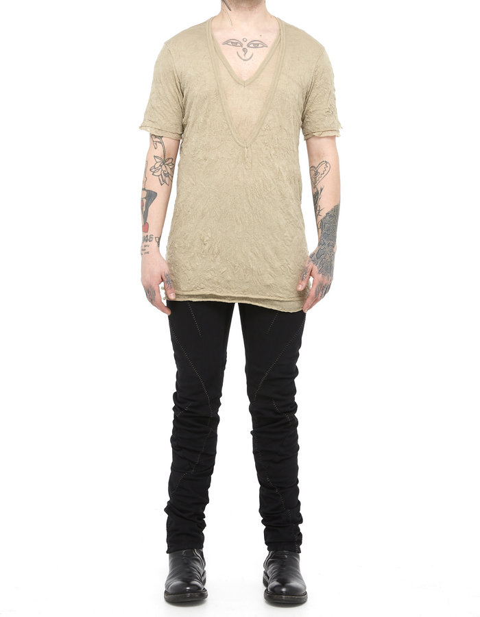 A.F. ARTEFACT GAUZE WASHER LAYERED V-NECK TEE - BEIGE