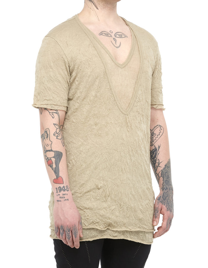 A.F. ARTEFACT GAUZE WASHER LAYERED V-NECK TEE - BEIGE