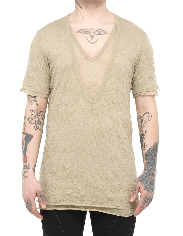 A.F. ARTEFACT GAUZE WASHER LAYERED V-NECK TEE - BEIGE