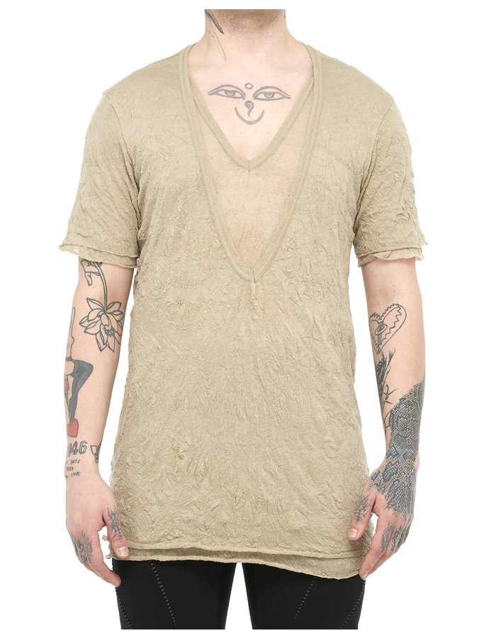 A.F. ARTEFACT GAUZE WASHER LAYERED V-NECK TEE - BEIGE
