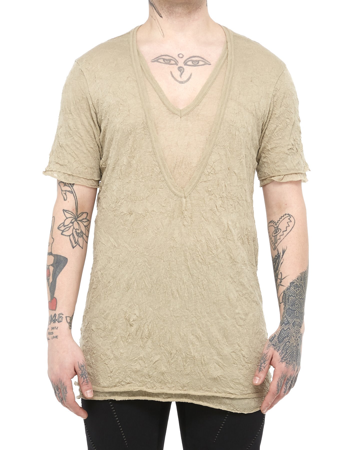 GAUZE WASHER LAYERED V-NECK TEE - BEIGE