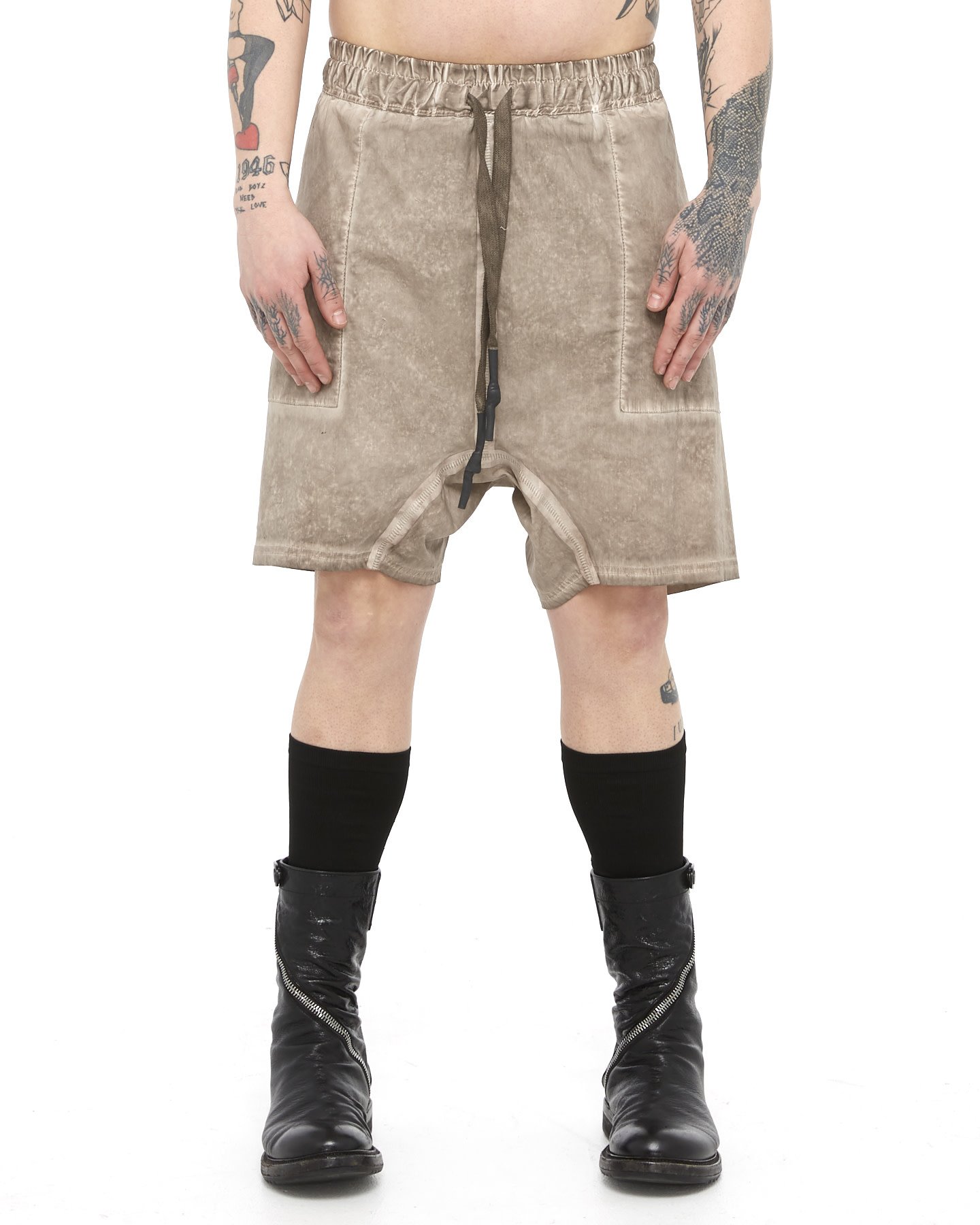 EXTRASHORT TAPED STRETCH POPLIN DROP CROTCH SHORTS - TAUPE