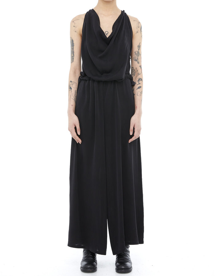 TOTUM PROJECT STRETCH SILK DRAPE FRONT WIDE LEG JUMPSUIT - BLACK