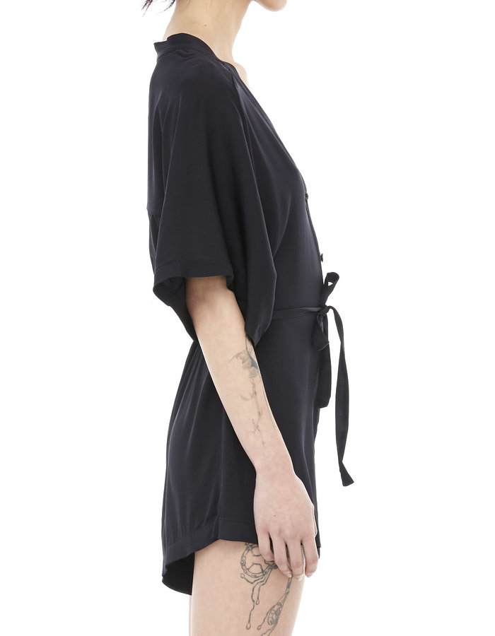 TOTUM PROJECT STRETCH SILK BELTED "KIMONO" ROMPER - BLACK