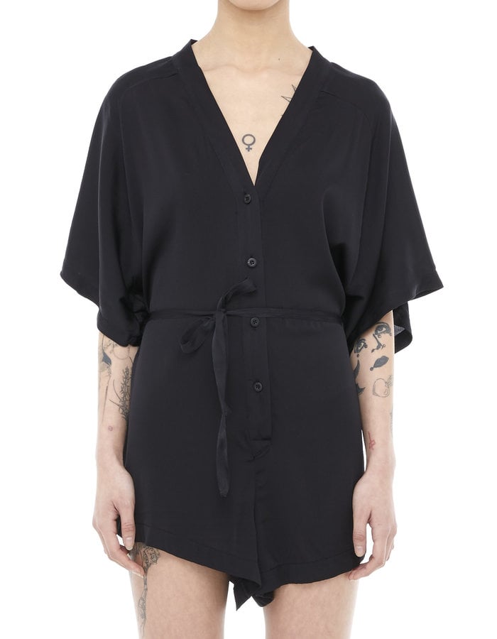 TOTUM PROJECT STRETCH SILK BELTED "KIMONO" ROMPER - BLACK