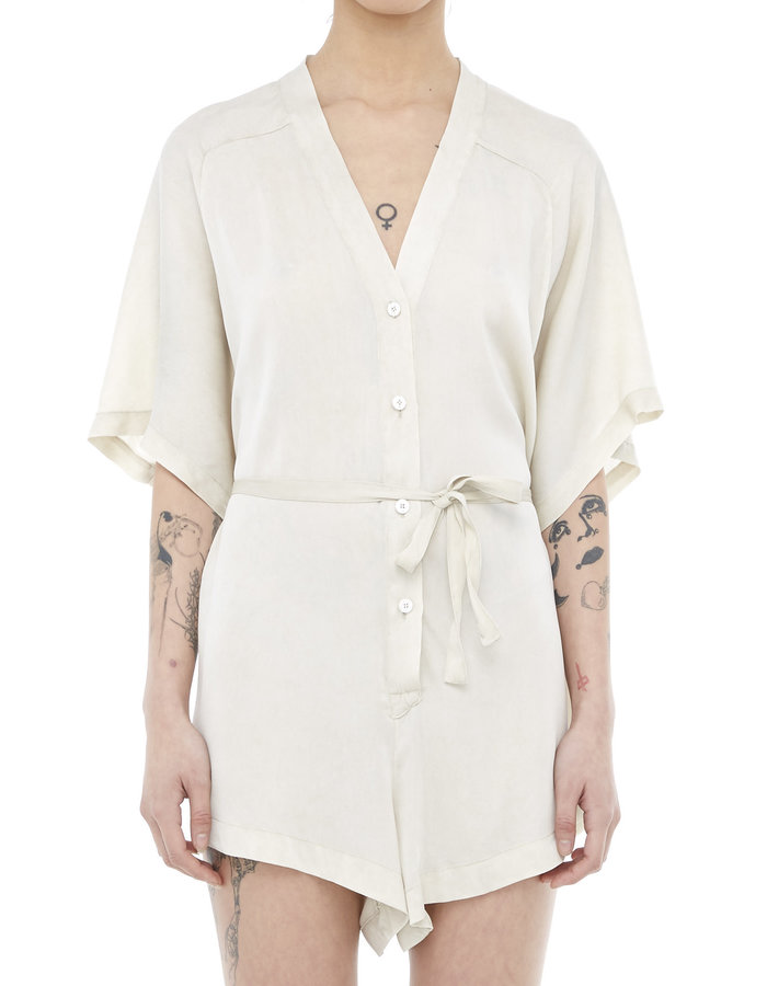 TOTUM PROJECT STRETCH SILK BELTED "KIMONO" ROMPER - SAND