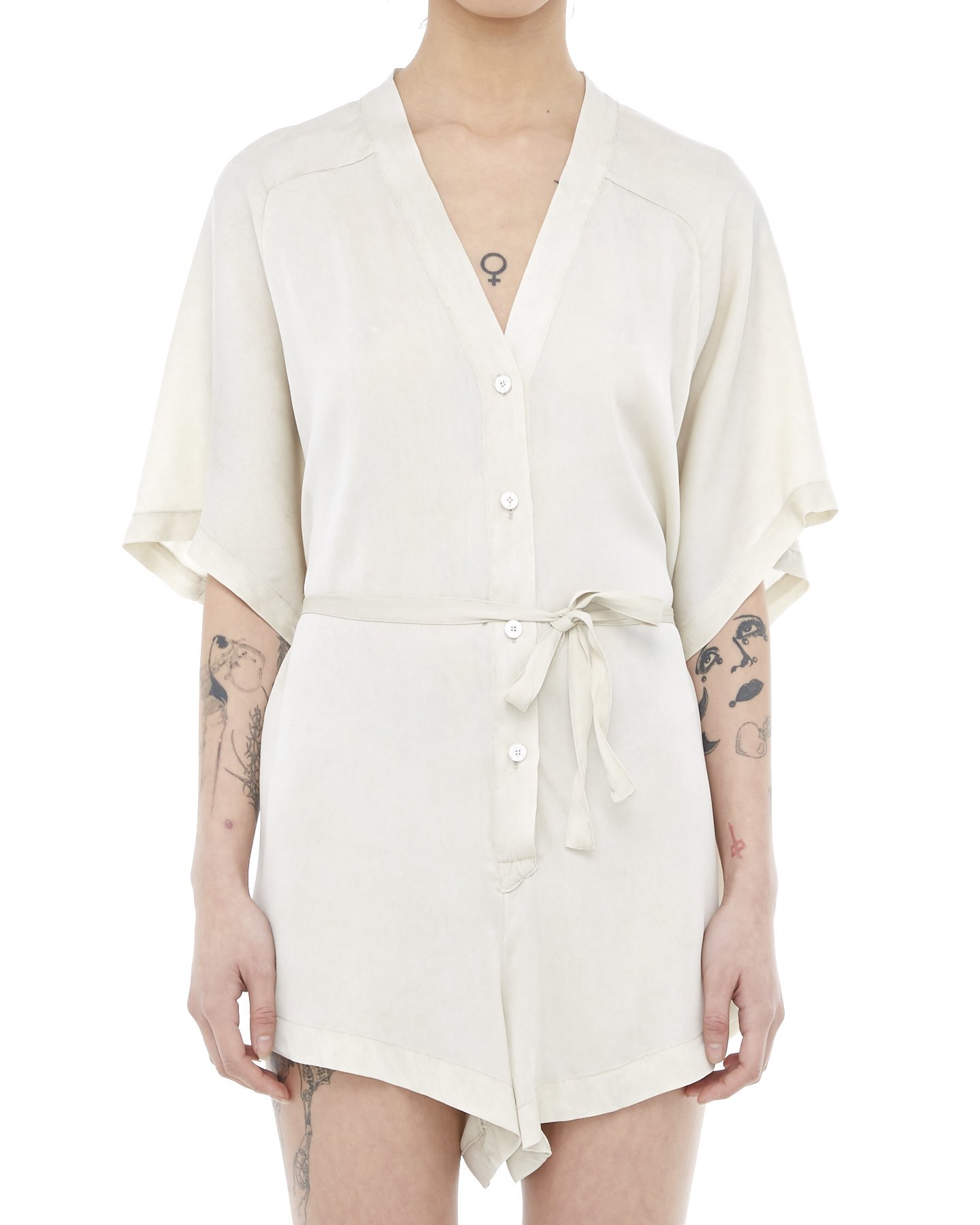 STRETCH SILK BELTED "KIMONO" ROMPER - SAND