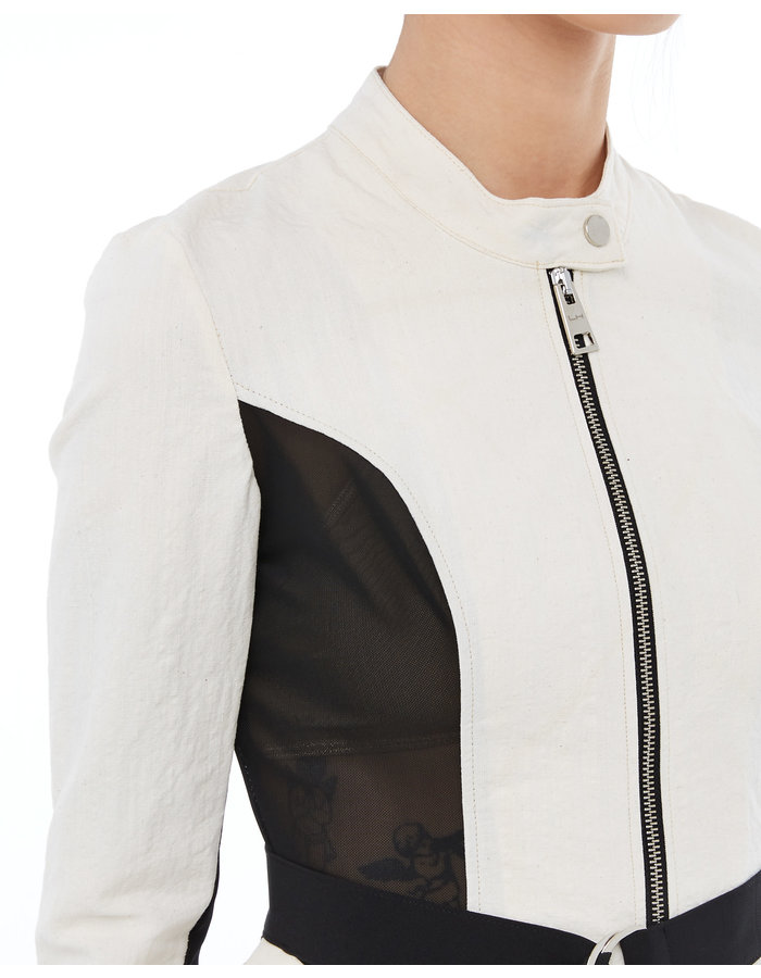LA HAINE INSIDE US LINEN & COTTON FITTED PEPLUM JACKET WITH MESH PANELS - WHITE