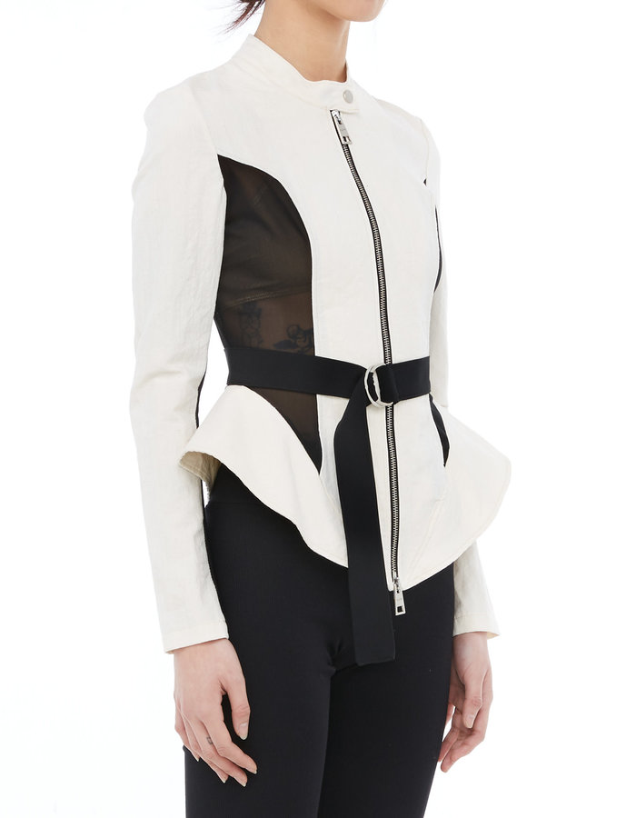 LA HAINE INSIDE US LINEN & COTTON FITTED PEPLUM JACKET WITH MESH PANELS - WHITE