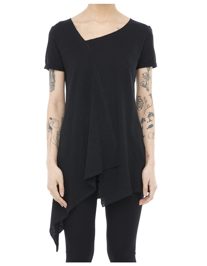 LA HAINE INSIDE US LINEN & COTTON FOLDOVER ASYMMETRIC TEE - BLACK