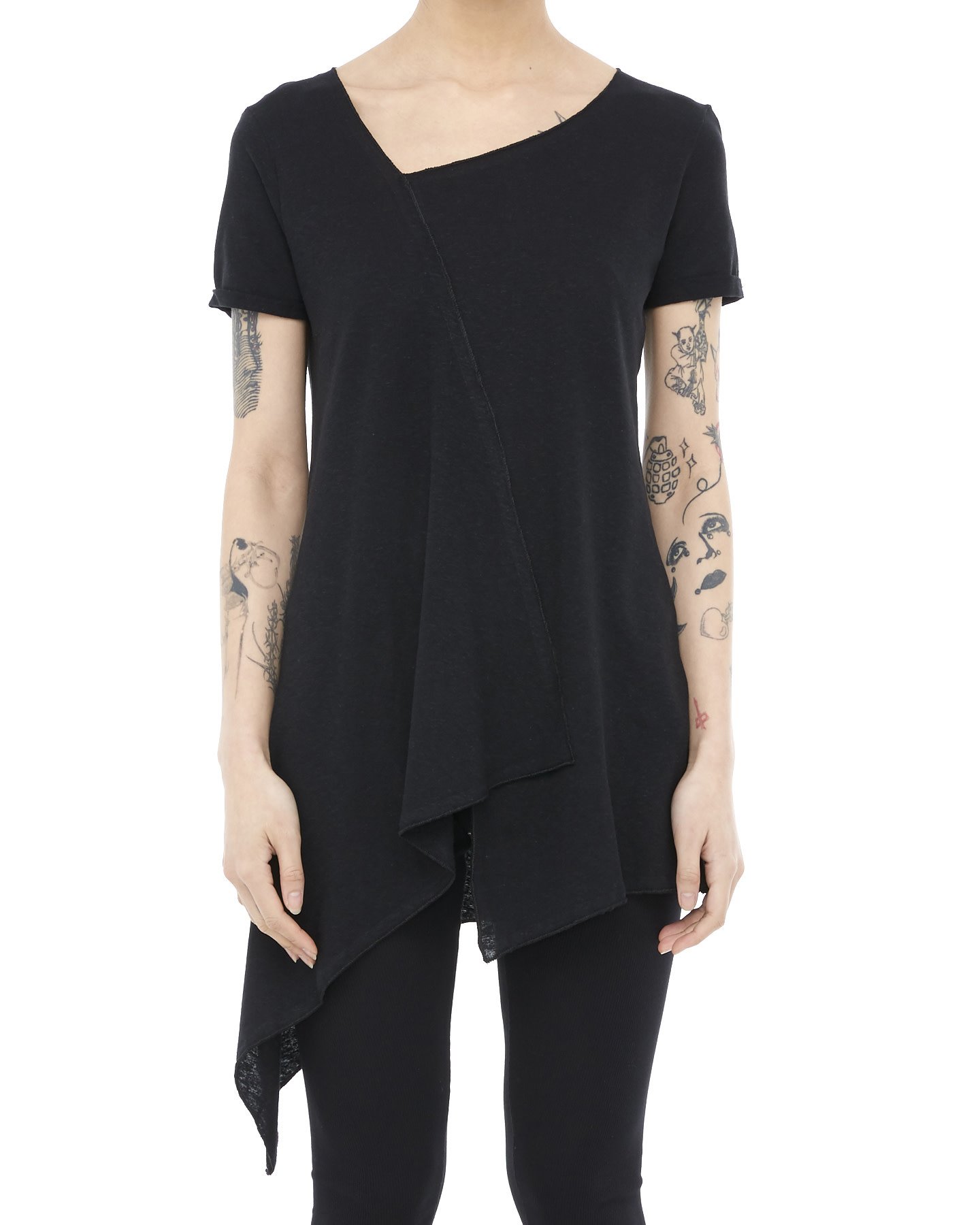 LINEN & COTTON FOLDOVER ASYMMETRIC TEE - BLACK