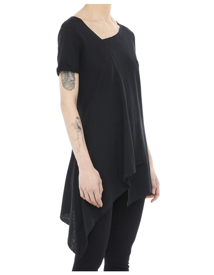 LA HAINE INSIDE US LINEN & COTTON FOLDOVER ASYMMETRIC TEE - BLACK