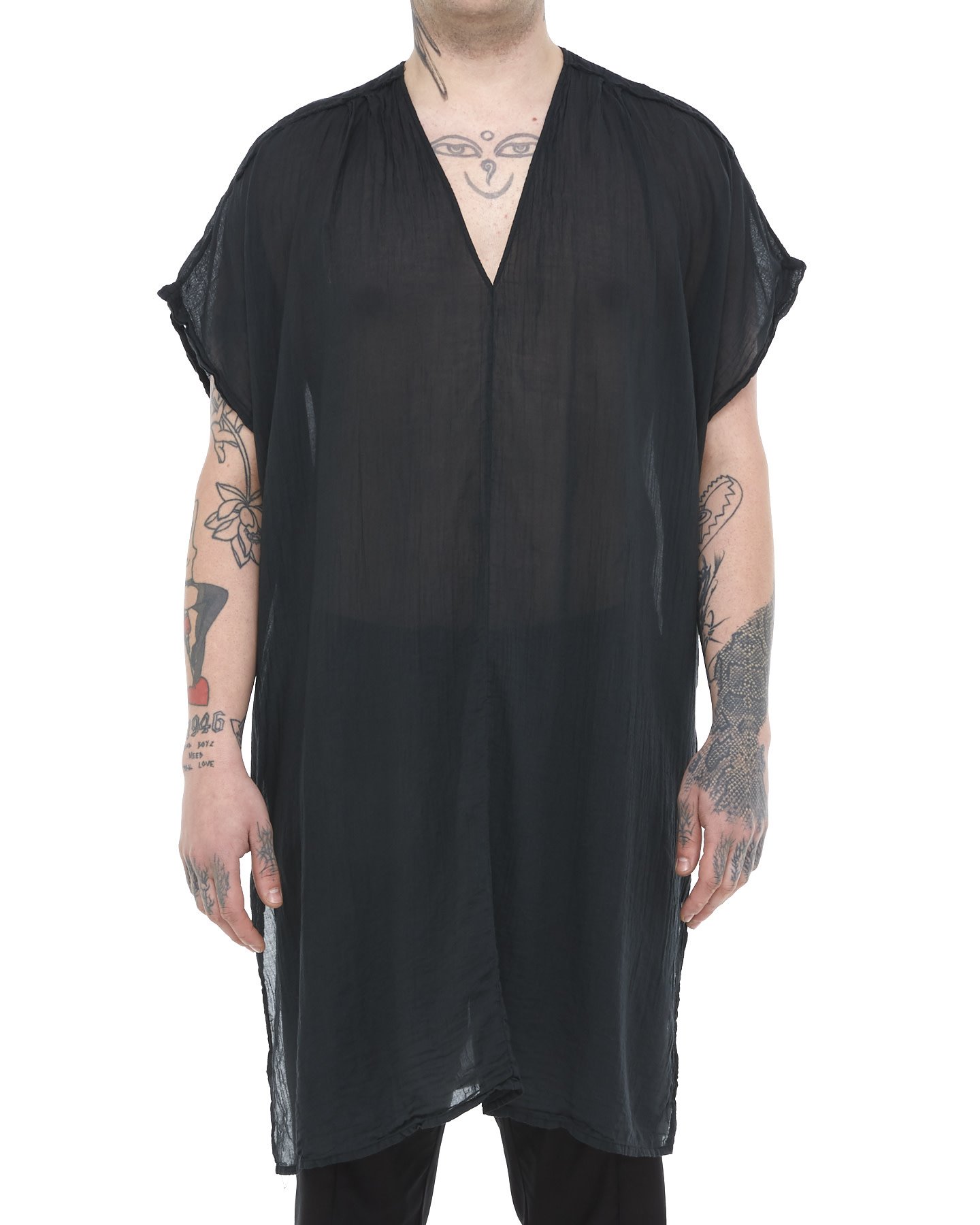 SHORT WASHED COTTON GAUZE RAW EDGE KAFTAN - BLACK