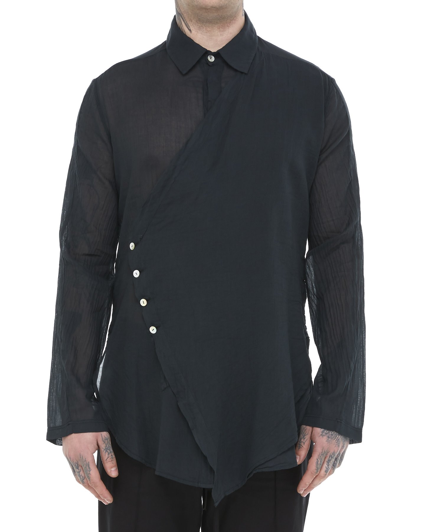 DRAPE PANEL WASHED COTTON GAUZE SHIRT - BLACK