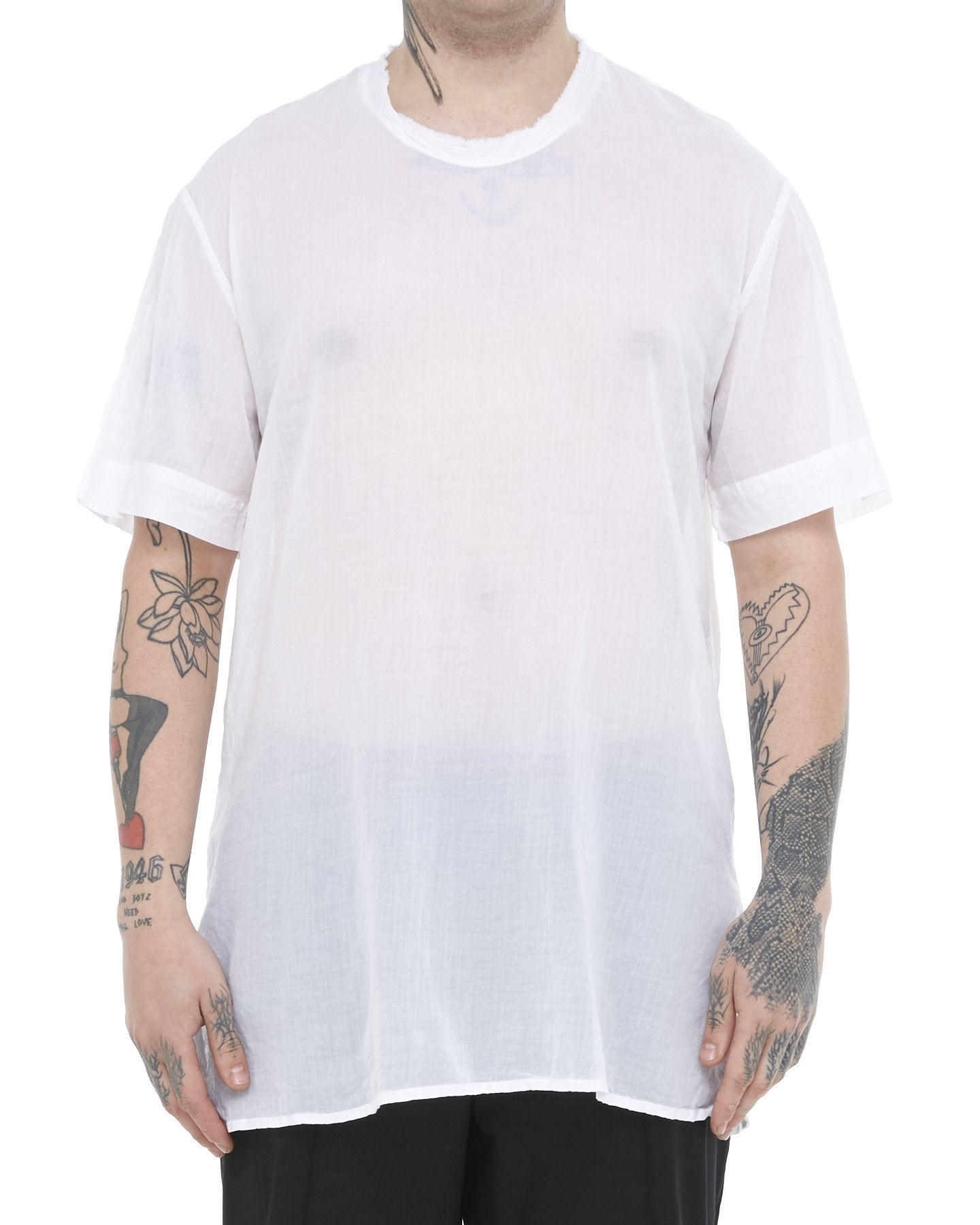 WASHED COTTON GAUZE RAW EDGE T-SHIRT - WHITE