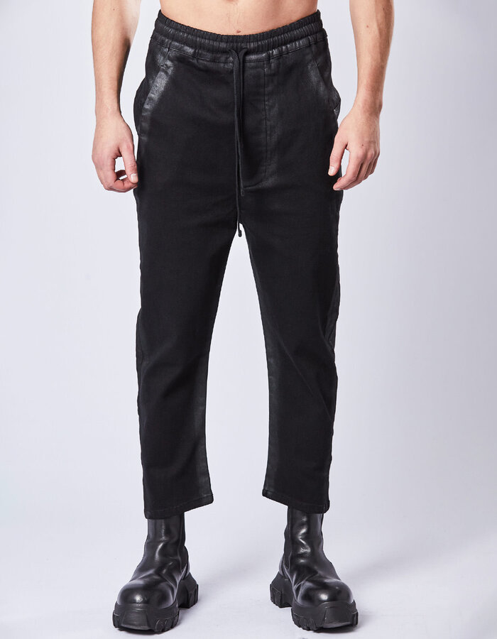 THOM KROM COATED DROP CROTCH STRETCH DENIM CROPPED PANT