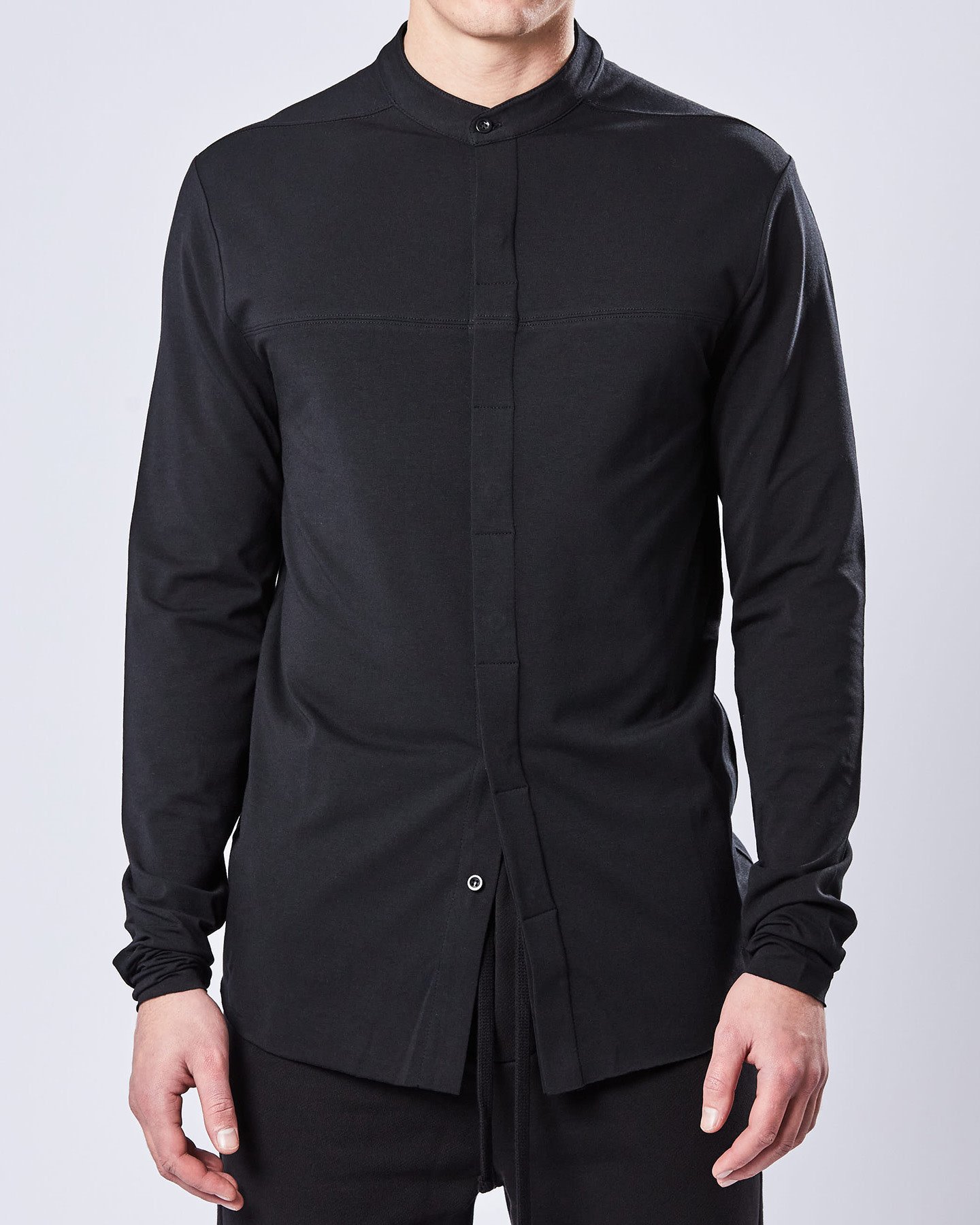 STRETCH COTTON & MODAL MANDARIN SHIRT - BLACK