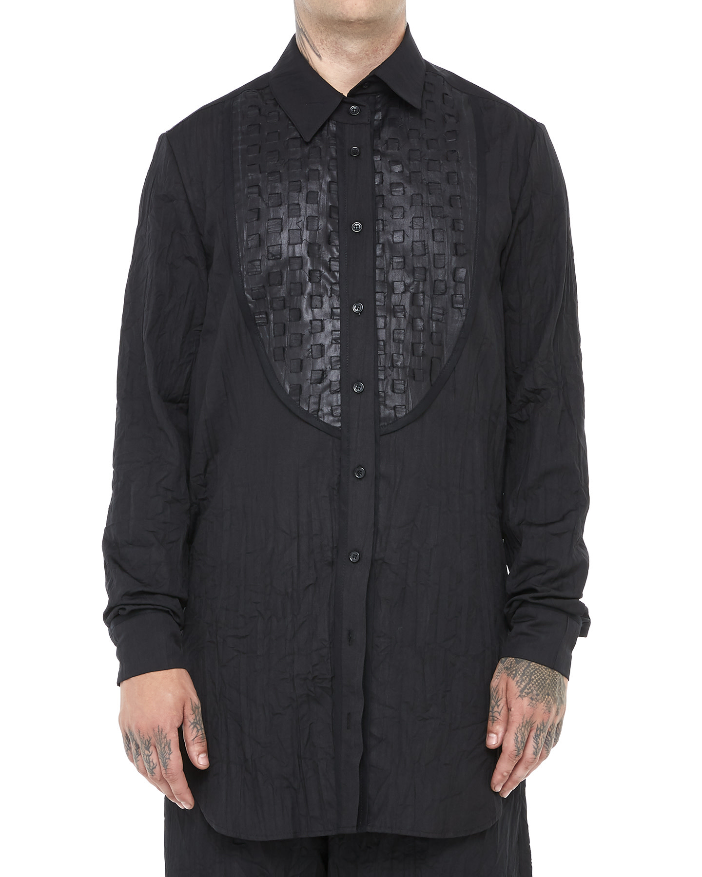 WOVEN FRONT CRINKLED COTTON BUTTON UP SHIRT