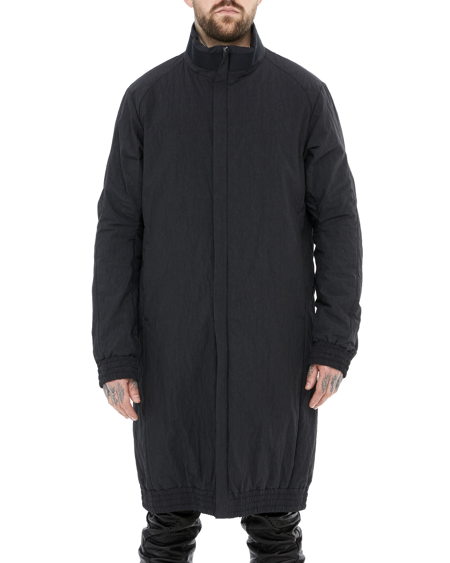 COTTON & NYLON PADDED ZIP FRONT MAC COAT - BLACK