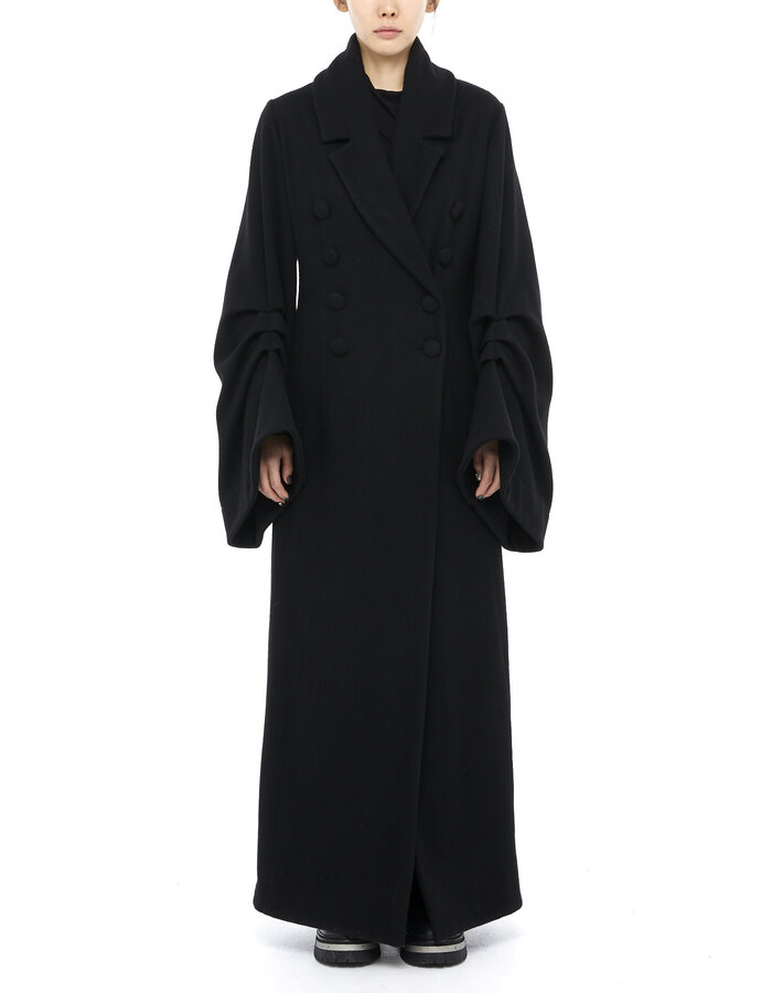 DAVIDS ROAD LONG WOOL COAT WITH RUCHED SLEEVE