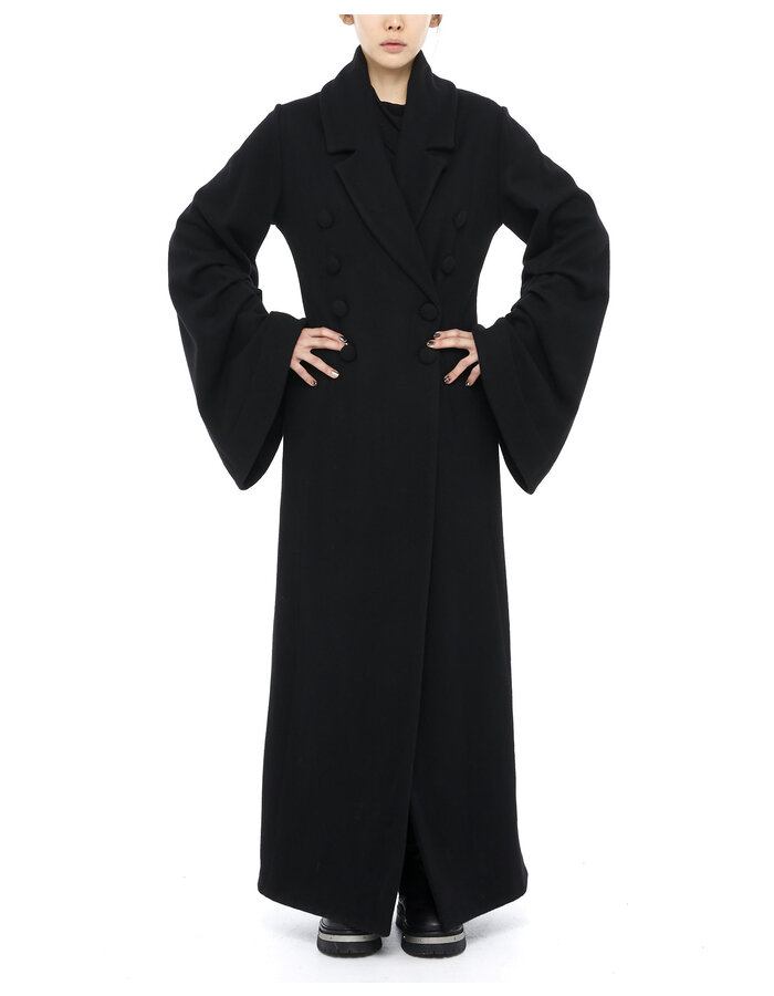 DAVIDS ROAD LONG WOOL COAT WITH RUCHED SLEEVE