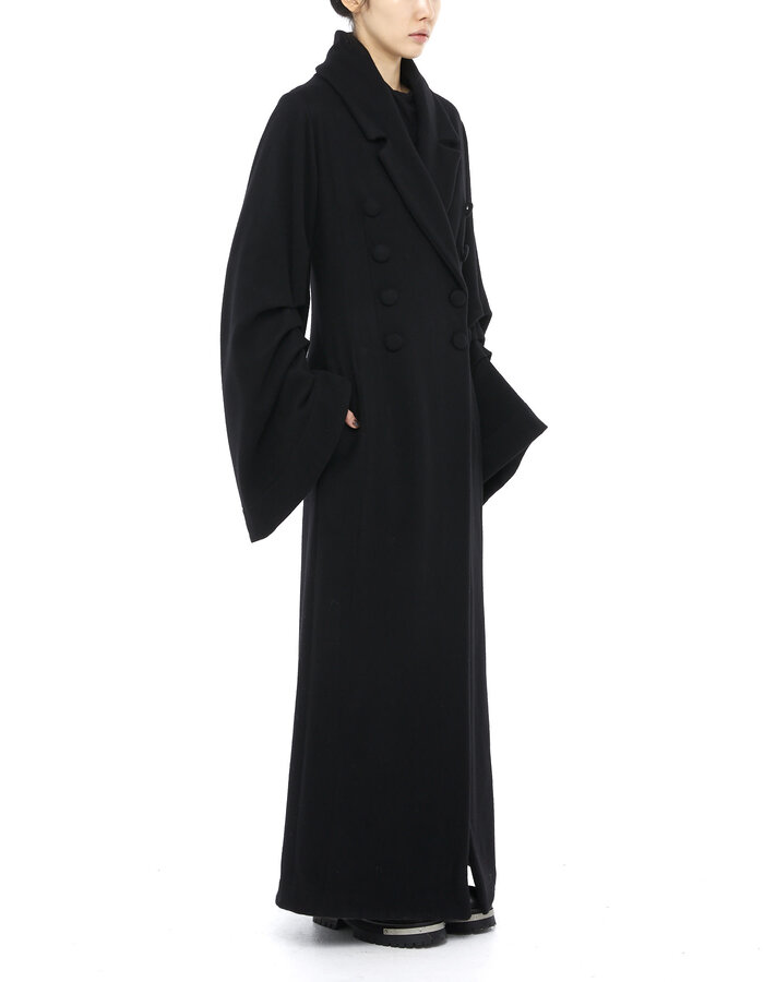 DAVIDS ROAD LONG WOOL COAT WITH RUCHED SLEEVE