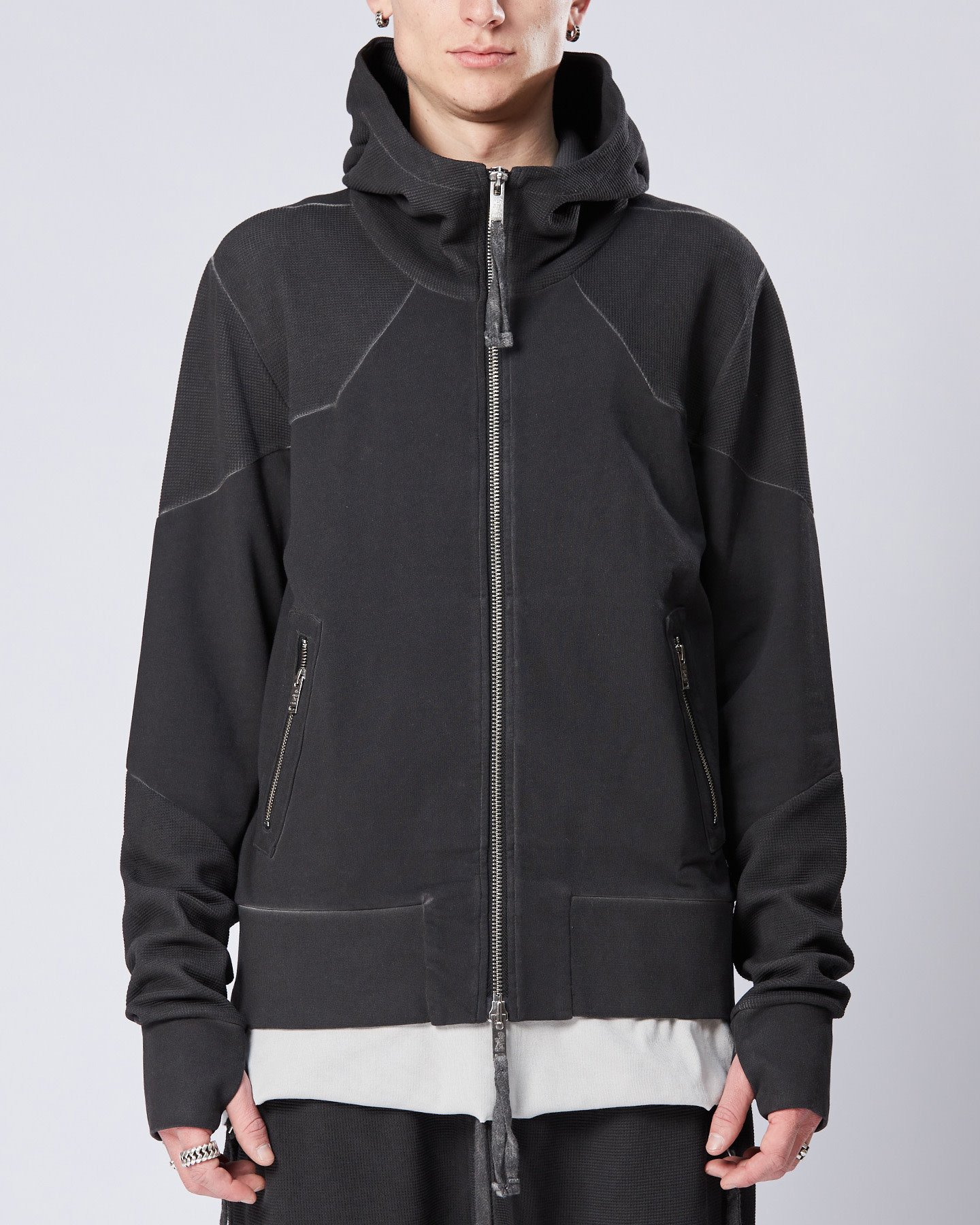 STRETCH COTTON & WAFFLE KNIT ZIP UP HOODIE - OIL