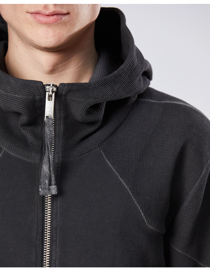 THOM KROM STRETCH COTTON & WAFFLE KNIT ZIP UP HOODIE - OIL