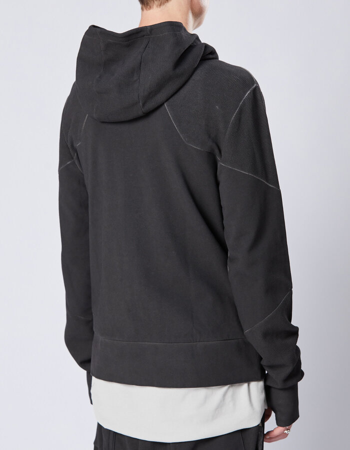 THOM KROM STRETCH COTTON & WAFFLE KNIT ZIP UP HOODIE - OIL