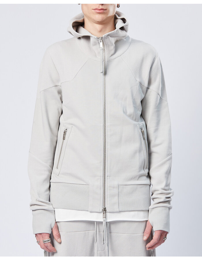 THOM KROM STRETCH COTTON & WAFFLE KNIT ZIP UP HOODIE - SILVER