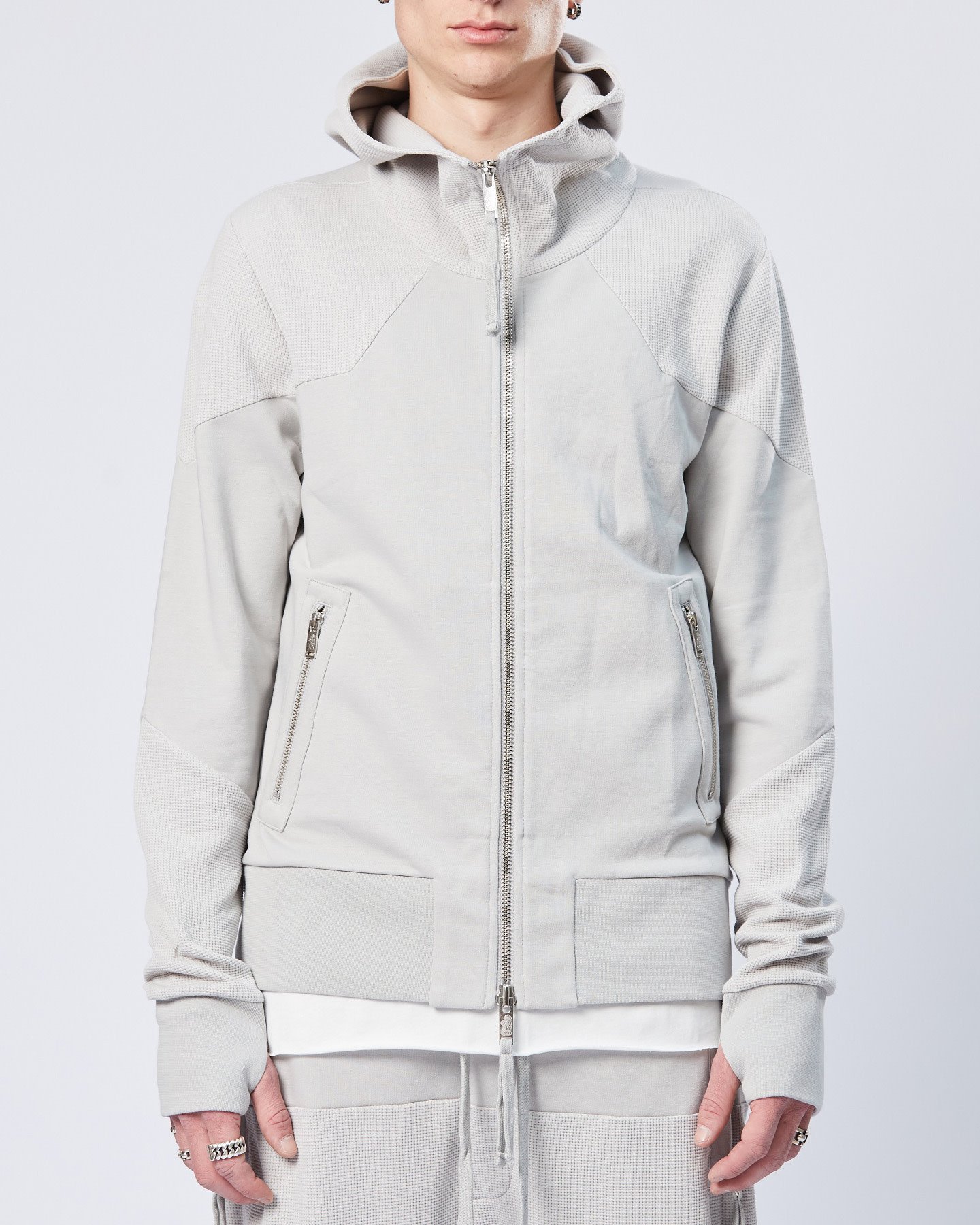 STRETCH COTTON & WAFFLE KNIT ZIP UP HOODIE - SILVER